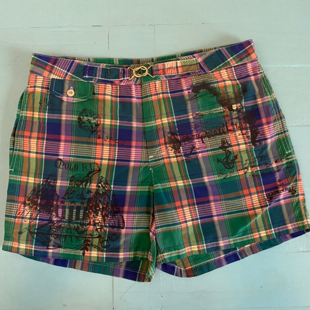 Polo Ralph Lauren Men's Vintage New Green Scrimshaw Plaid Swim Short 32" Waist